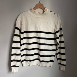 Striped Mock Neck Silver Button‎ Sweater Cream Black Small Nautical Layer Paris